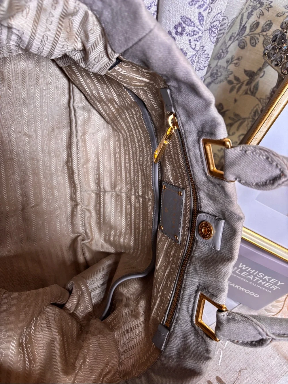 PRADA Gray Canapa Canvas Messenger Tote with Gold-Tone Hardware
